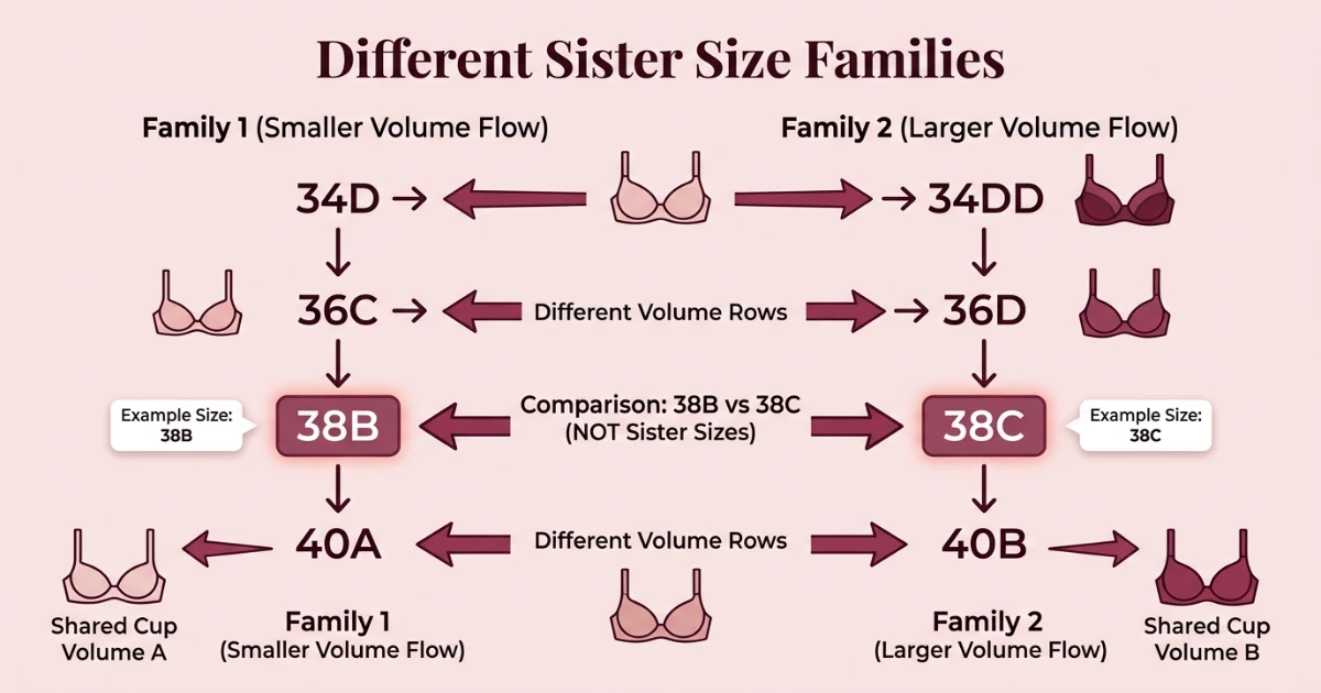 Two separate sister size families: 38B family (36C, 38B, 40A) and 38C family (36D, 38C, 40B) showing they belong to different volume groups