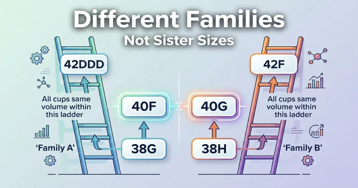 Two separate sister size ladder diagrams: 40F family (38G — 40F — 42DDD) and 40G family (38H — 40G — 42F) shown separately to confirm different volume families