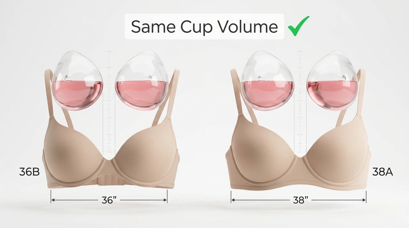 Cup volume diagram for 36B and 38A showing equal breast tissue capacity across different band widths — confirming sister size relationship