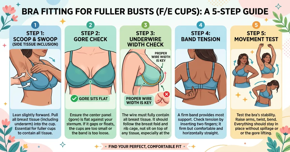 Bra fit test infographic for F and E cup sizes showing five checks: scoop and swoop, gore check, underwire width placement, band tension test and movement test