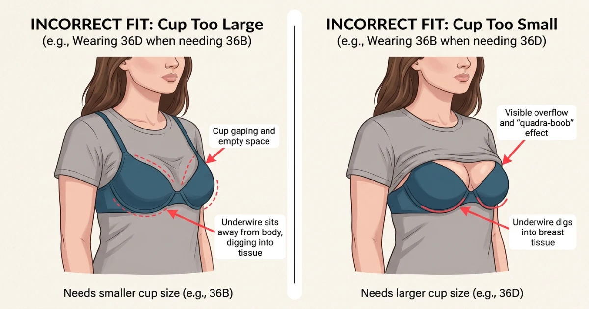 Illustration showing fit problems on the same ribcage: 36D causing gaping and wide underwire on a 36B wearer, versus 36B causing cup overflow on a 36D wearer