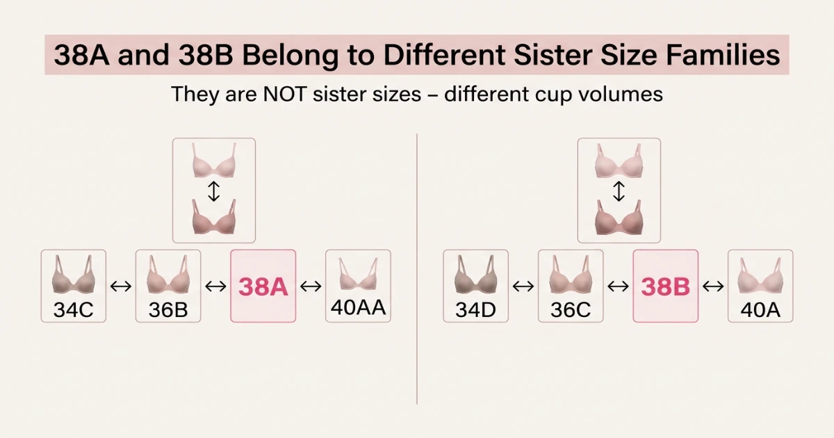 Sister size ladder diagrams for 38A (34C - 36B - 38A - 40AA) and 38B (34D - 36C - 38B - 40A) shown separately to illustrate their different volume families