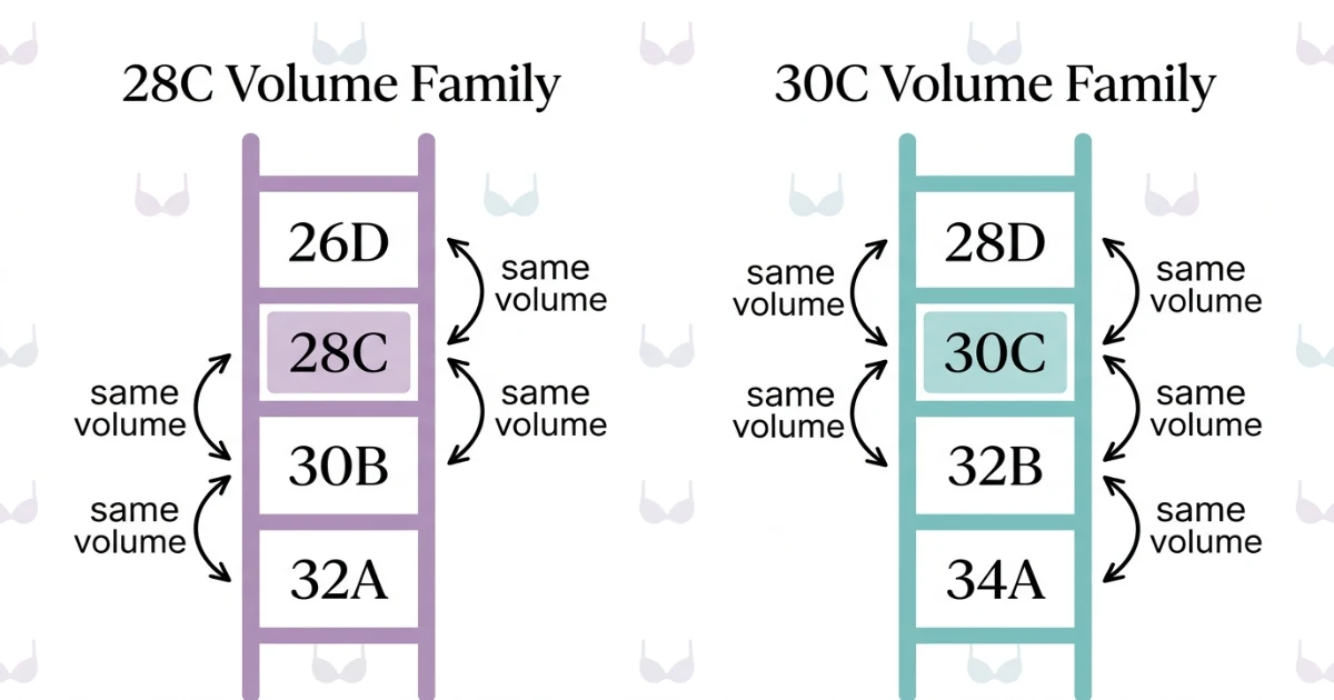 Bra size ladder showing 28C aligns with 30B while 30C aligns with 28D in sister sizing