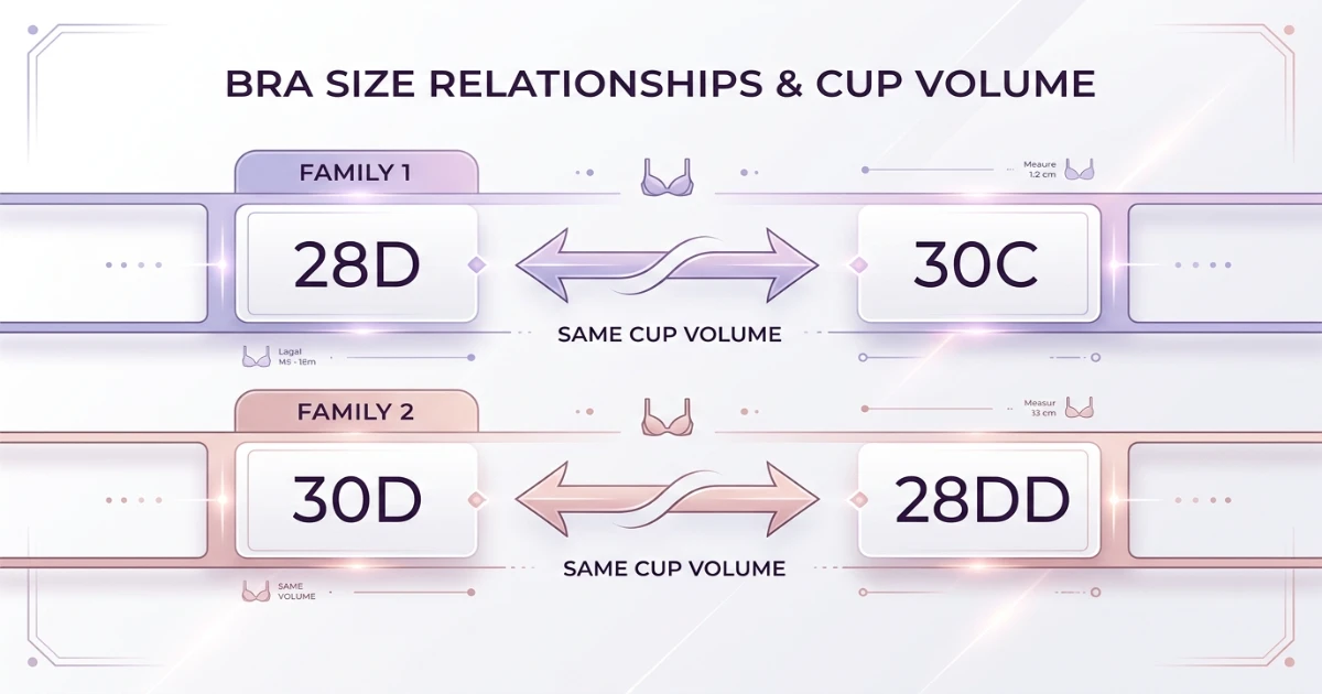 Sister size infographic showing 28D to 30C and 30D to 28DD fit relationships