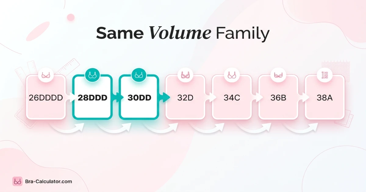 Sister size ladder showing 26DDDD (26G), 28DDD (28F), 30DD (30E), 32D, 34C, 36B, and 38A all holding equal cup volume — confirming 28DDD and 30DD as sister sizes