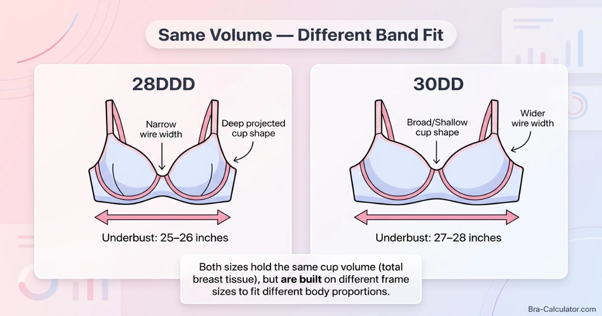 Side-by-side measurement diagram showing 28DDD and 30DD bra sizes confirming equal cup volume on different band widths — 28DDD with narrow band and 30DD with slightly wider band