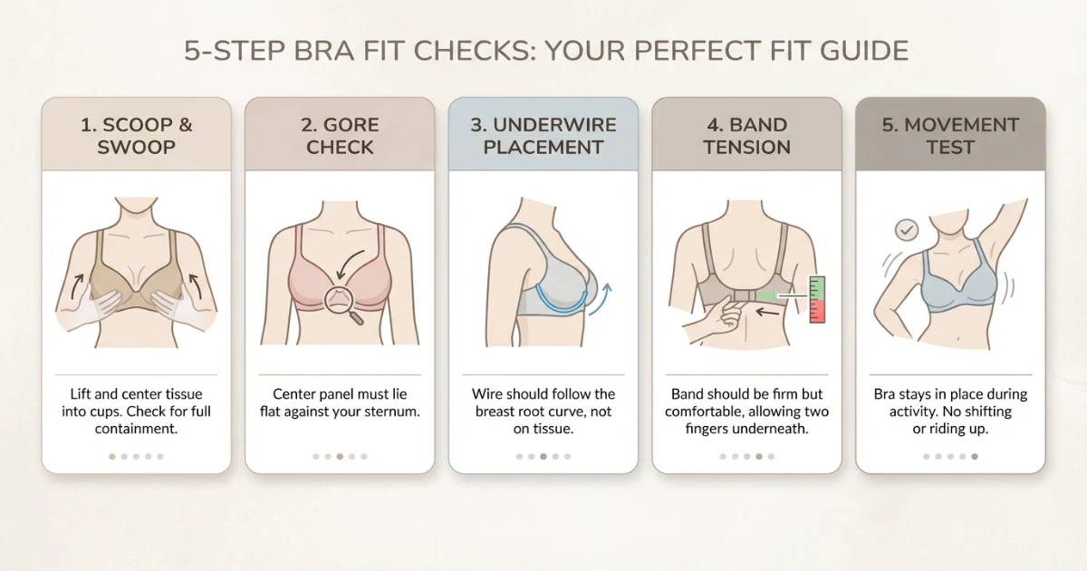 Bra fit test infographic for 34C vs 36C showing five checks to confirm correct band and cup size independently