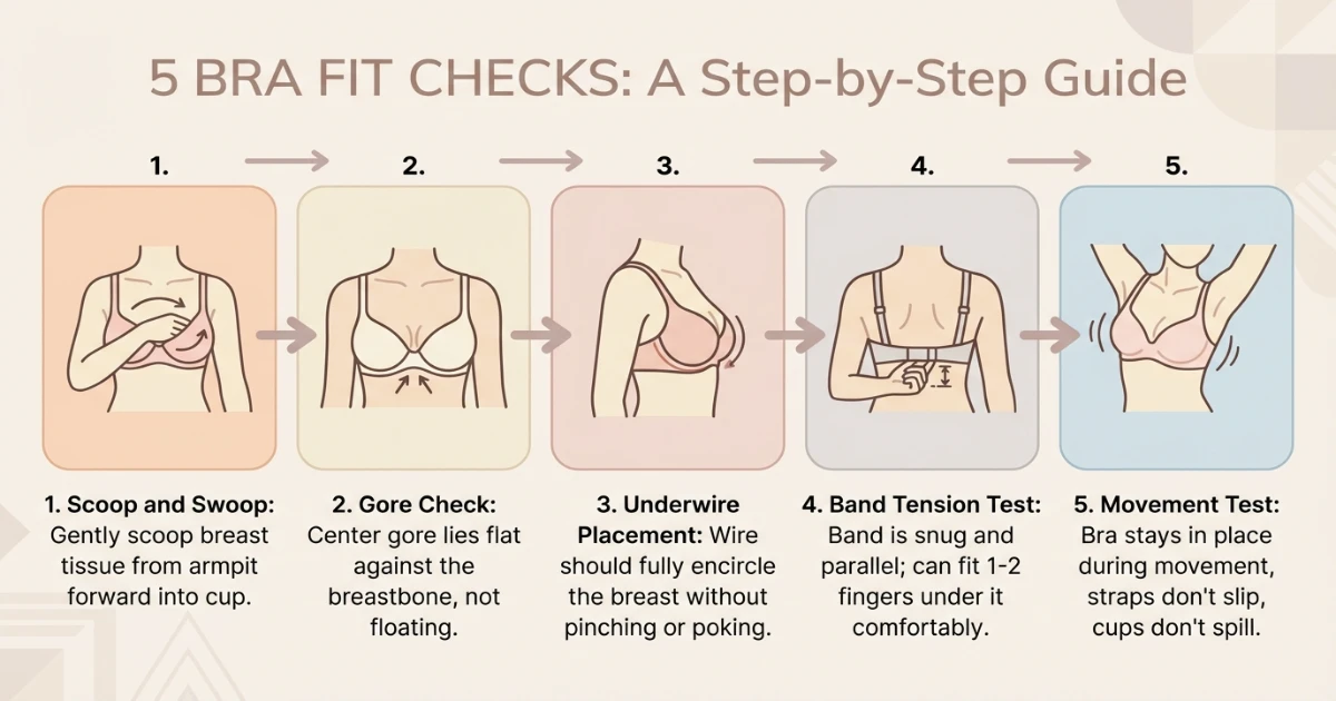Bra fit test infographic for comparing 34B and 36C showing five checks with annotations about band fit, cup volume, and underwire width for each size