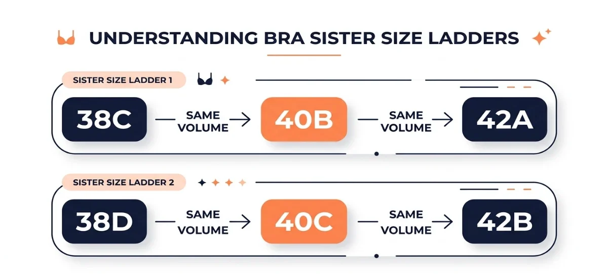 Two separate sister size ladder diagrams: 40B family (38C — 40B — 42A) and 40C family (38D — 40C — 42B) shown separately to confirm different volume families