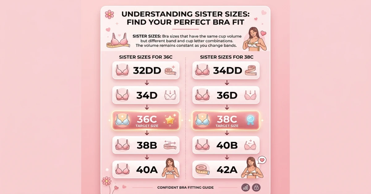 Diagram showing two separate sister size ladders: 36C family (32DD, 34D, 36C, 38B, 40A) and 38C family (34DD, 36D, 38C, 40B, 42A) showing they belong to different volume groups
