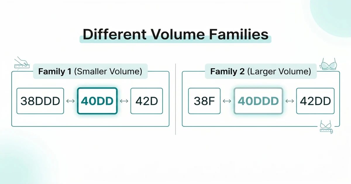 Two separate sister size ladder diagrams: 40DD family (38DDD — 40DD — 42D) and 40DDD family (38F — 40DDD — 42DD) shown separately to confirm different volume families