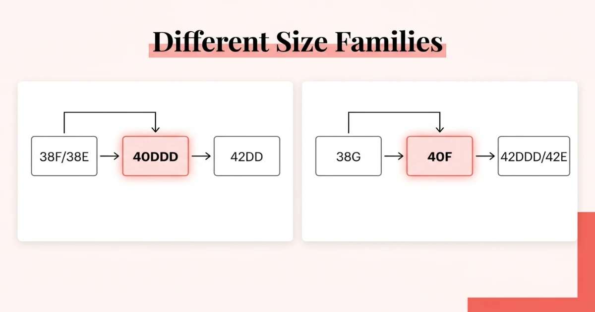 Two separate sister size ladder diagrams: 40DDD family (38F/38E — 40DDD — 42DD) and 40F family (38G — 40F — 42DDD/42E) shown separately to confirm different volume families