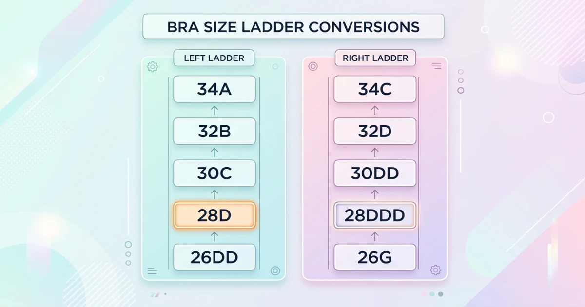 Two separate sister size families widely apart — 28D family (26DD, 28D, 30C, 32B, 34A) and 28DDD family (26DDDD, 28DDD, 30DD, 32D, 34C, 36B) — with the 28DD family sitting between them