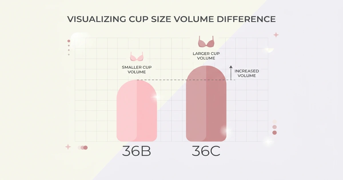 Side-by-side diagram of 36B and 36C bra cups on the same 36 band showing the one-cup-size volume difference