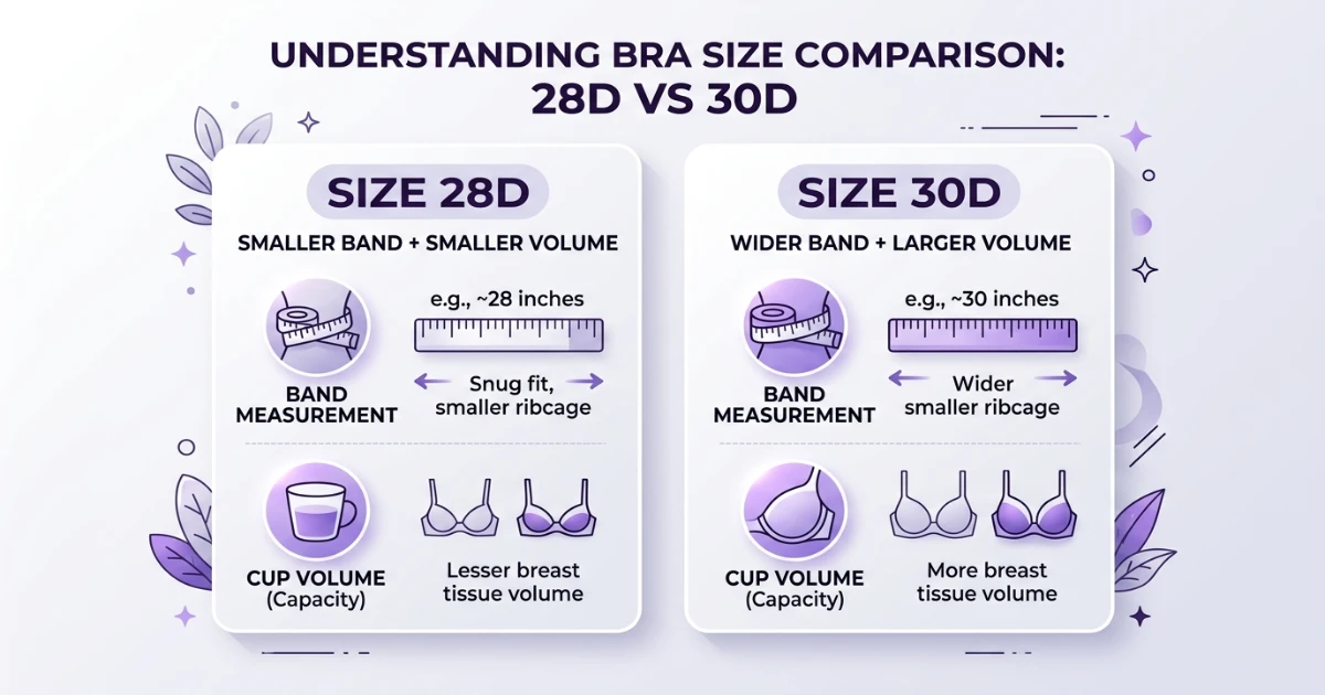 Bra size ladder showing 28D aligns with 30C while 30D aligns with 28DD in sister sizing
