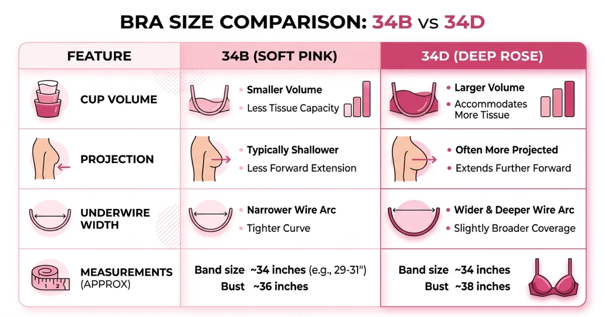 Infographic table comparing all key properties of 34B and 34D bra sizes