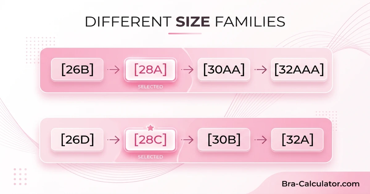 Two separate sister size ladder diagrams: 28A family (26B — 28A — 30AA — 32AAA) and 28C family (26D — 28C — 30B — 32A) shown separately to confirm different volume families with no overlap