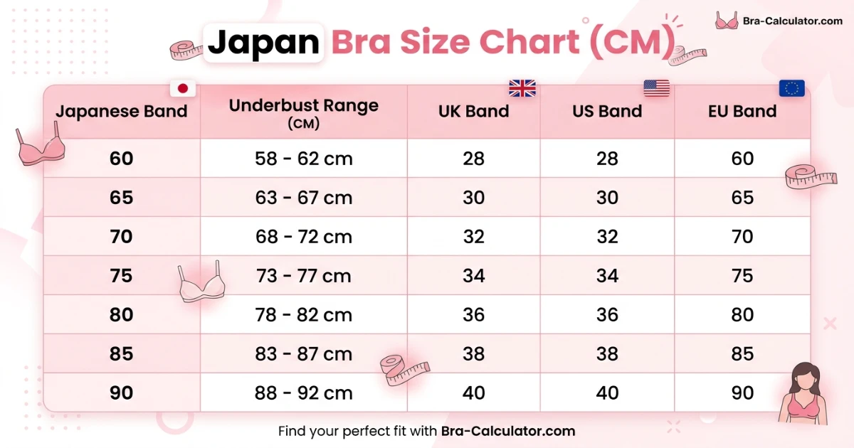 Japan bra size conversion chart comparing JP cm bands with UK US AU and EU bra sizing systems in a visual table format