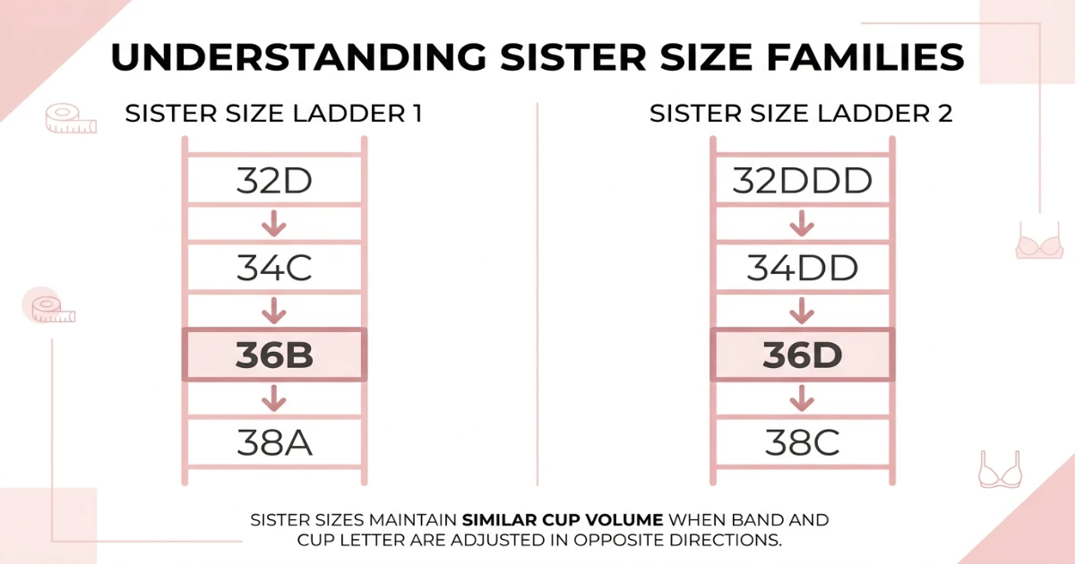 Diagram showing two separate sister size ladders for 36B (32D, 34C, 36B, 38A) and 36D (32DDD, 34DD, 36D, 38C) illustrating they belong to different volume families on the same band