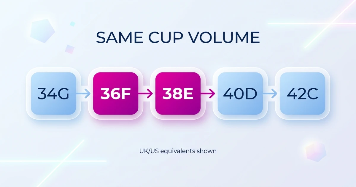 Sister size ladder infographic showing 34G, 36F (36DDD), 38E (38DD), 40D and 42C with equal cup volume indicated across all five band and cup combinations