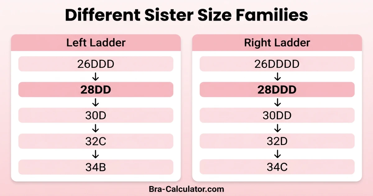 Two separate sister size family ladders — 28DD family (26DDD, 28DD, 30D, 32C, 34B, 36A) and 28DDD family (26DDDD, 28DDD, 30DD, 32D, 34C, 36B) confirming they belong to different volume groups