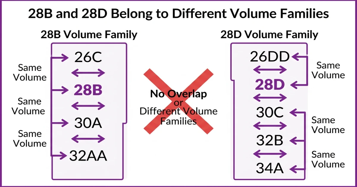 Two separate sister size ladder diagrams: 28B family (26C — 28B — 30A — 32AA) and 28D family (26DD — 28D — 30C — 32B — 34A) shown separately to confirm different volume families with no overlap