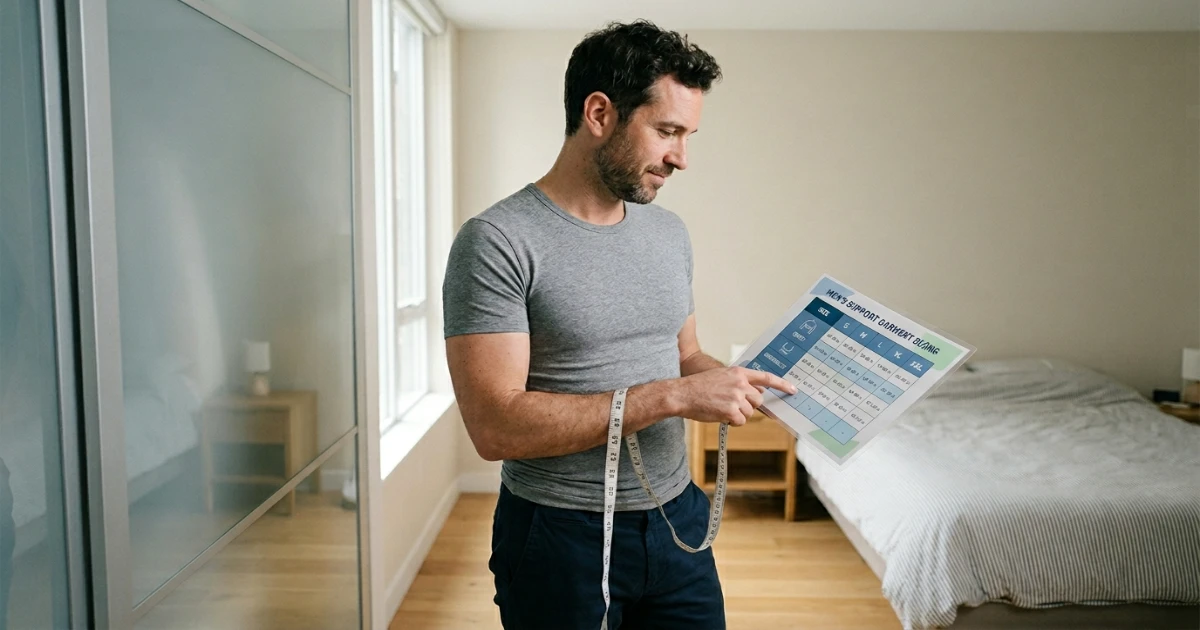 Male support garment size chart visual showing chest circumference underbust and compression garment sizing