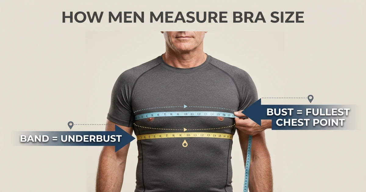 Diagram showing bra band and cup measurement on a male body — underbust measurement for band size and chest measurement for cup calculation
