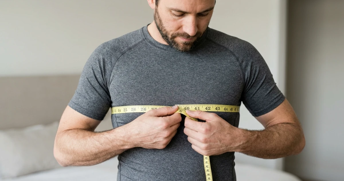 Flexible measuring tape wrapped around a male chest at the fullest point for accurate chest circumference measurement