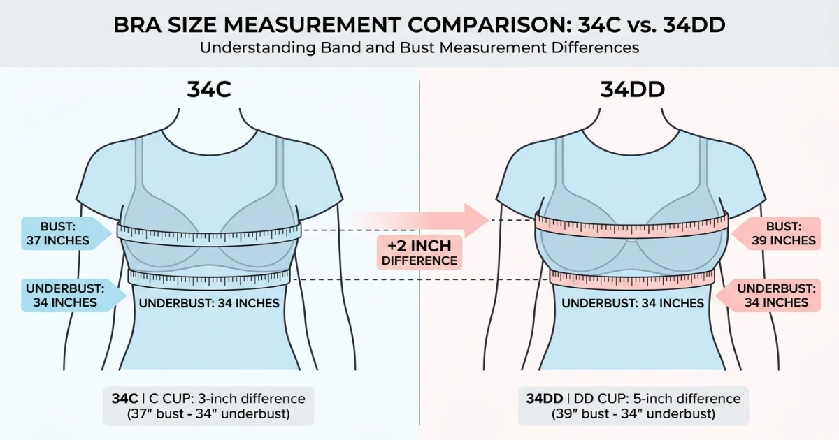Measurement chart comparing 34C and 34DD bust and underbust measurements