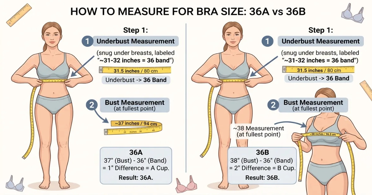 Measurement guide showing how to calculate 36A vs 36B using underbust and bust measurements with a tape measure