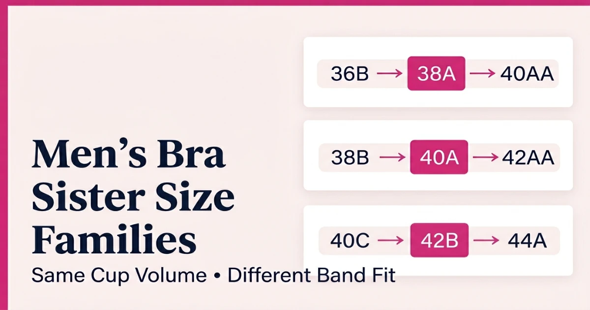 Sister size family diagram for common male bra sizes — showing 38A, 40A, and 42A families with equal cup volume on different band widths