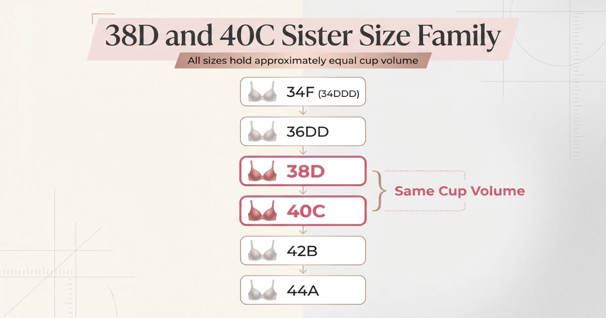 Sister size ladder diagram showing 34F, 36DD, 38D, 40C, 42B, 44A all holding equal cup volume — 38D and 40C confirmed as sister sizes