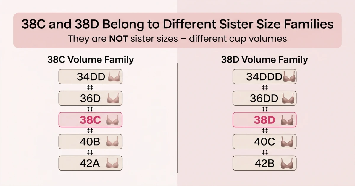 Two separate sister size ladder diagrams — 38C family (34DD, 36D, 38C, 40B, 42A) and 38D family (34DDD, 36DD, 38D, 40C, 42B) — shown side by side to illustrate different volume families
