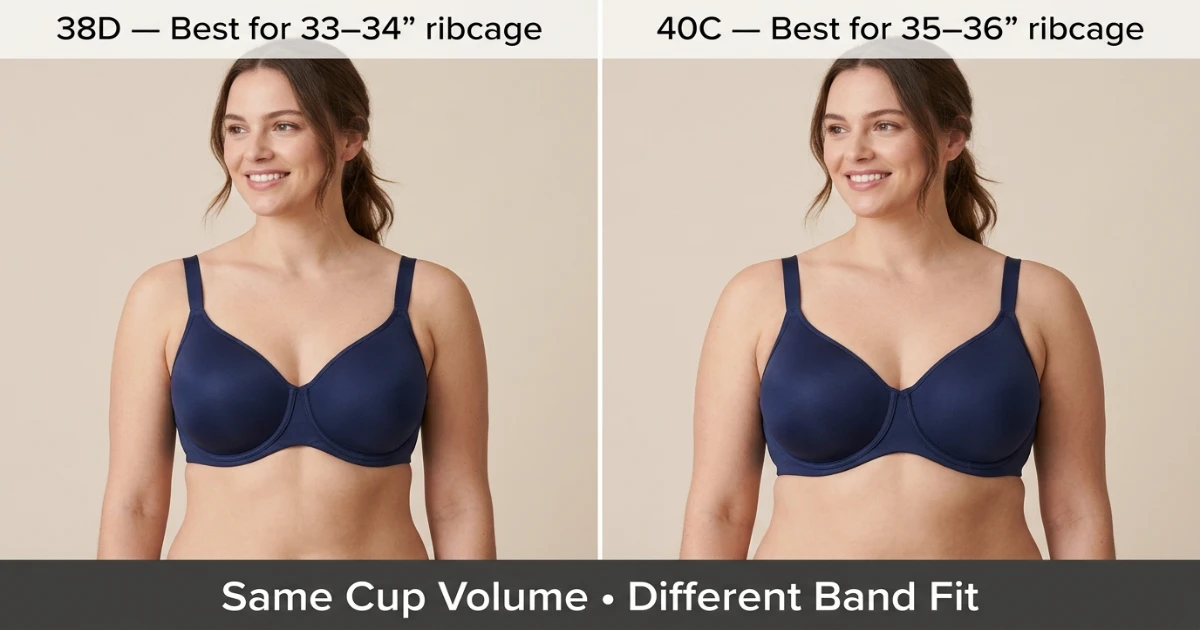 Illustration showing 38D fitting correctly on a 33–34 inch ribcage with firm band and 40C fitting correctly on a 35–36 inch ribcage — same cup volume, different band performance