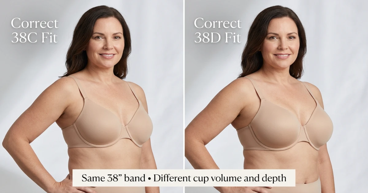 Fit illustration comparing a correctly fitting 38C with moderate cup depth versus a correctly fitting 38D with deeper cup coverage on the same 38-inch band