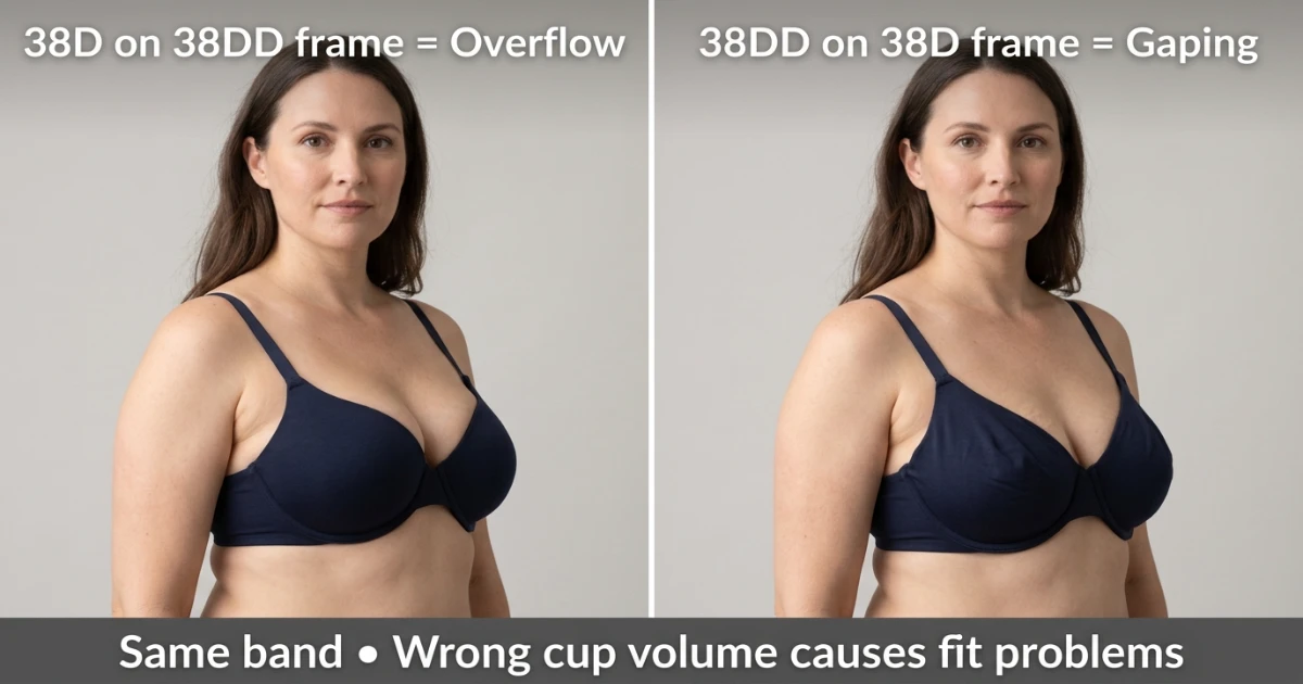 Illustration showing 38D cup overflow when worn by a 38DD wearer versus 38DD cup gaping on a 38D frame — both on the same 38-inch band