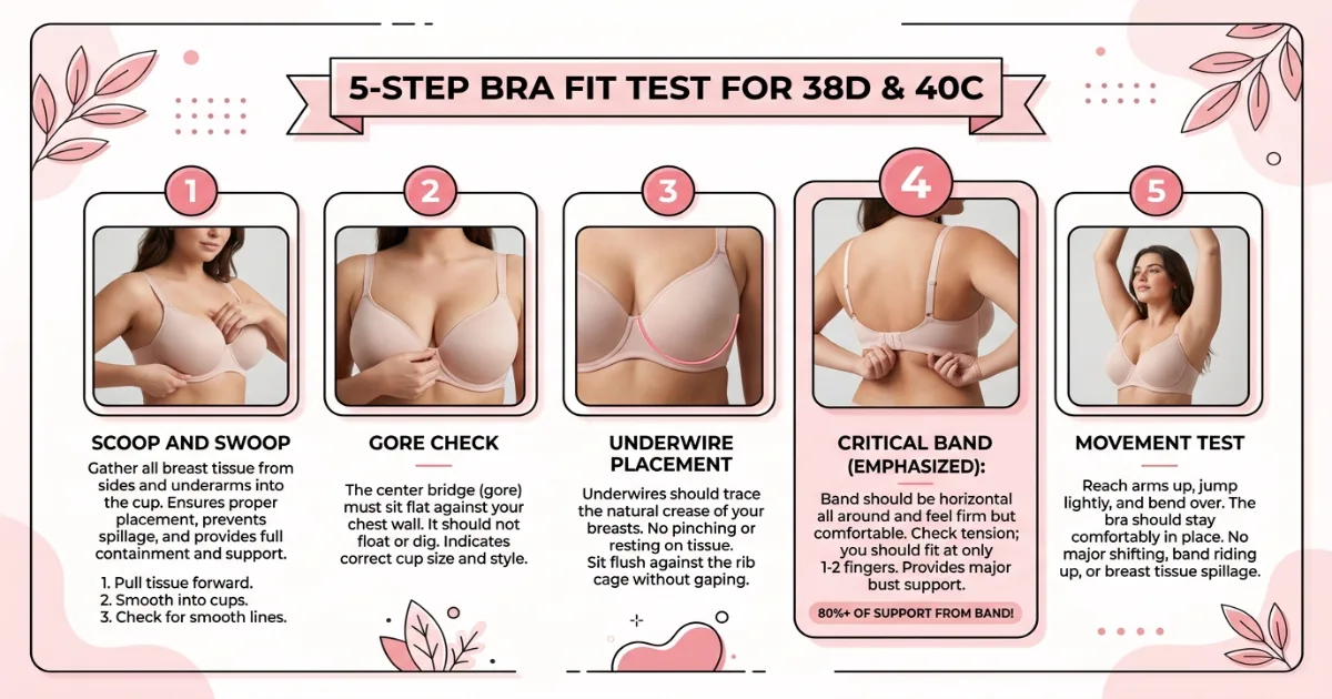 Five-step bra fit test infographic for 38D and 40C — scoop and swoop, gore check, underwire placement, band tension, movement test