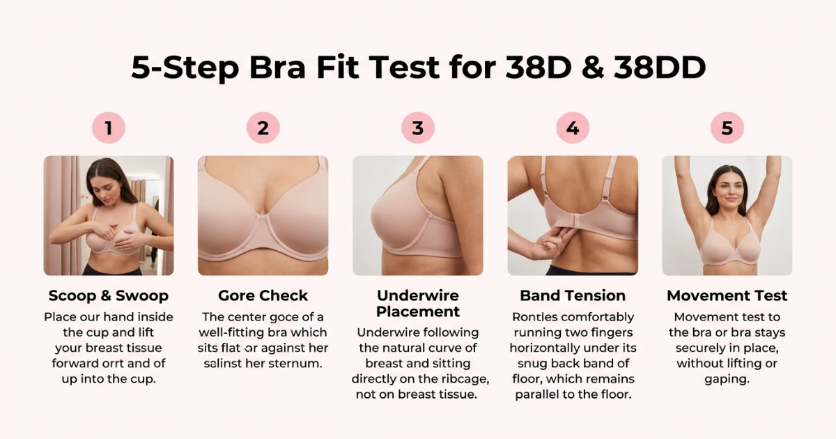 5-step bra fit test infographic for 38D and 38DD — scoop and swoop, gore check, underwire placement, band tension, movement test