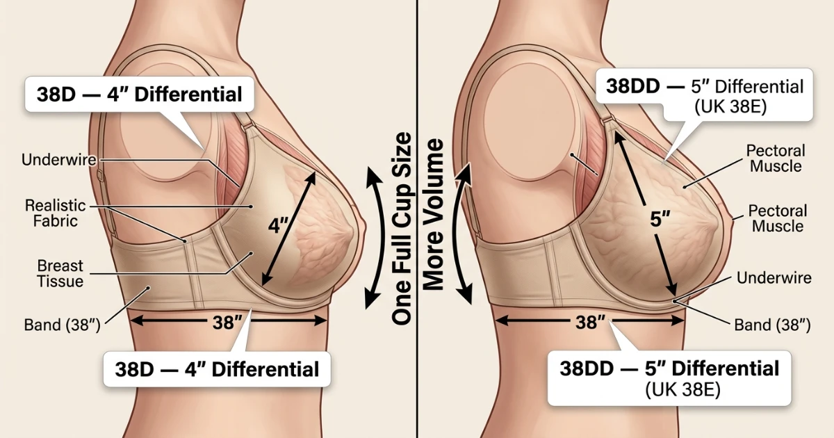 Cup volume diagram comparing 38D and 38DD showing one full cup size of difference in breast tissue capacity on the same 38-inch band