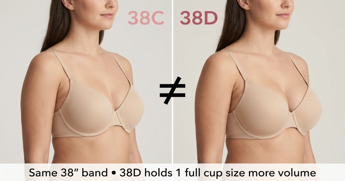Side-by-side cup depth diagram for 38C and 38D bra sizes on the same 38-inch band, illustrating the one-cup volume difference between a C and D cup