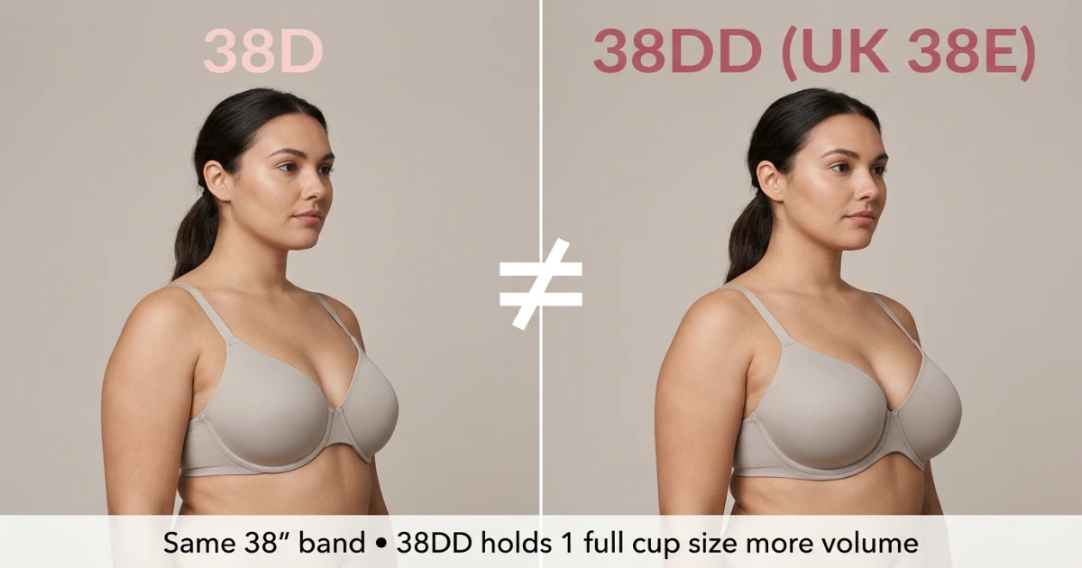 Side-by-side measurement diagram showing 38D and 38DD bra sizes with different cup volumes on the same 38-inch band