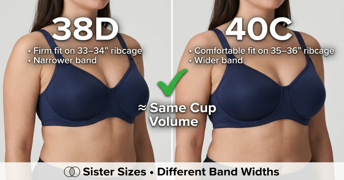 Side-by-side diagram of 38D and 40C bra sizes showing equal cup volume with different band widths — confirming they are sister sizes
