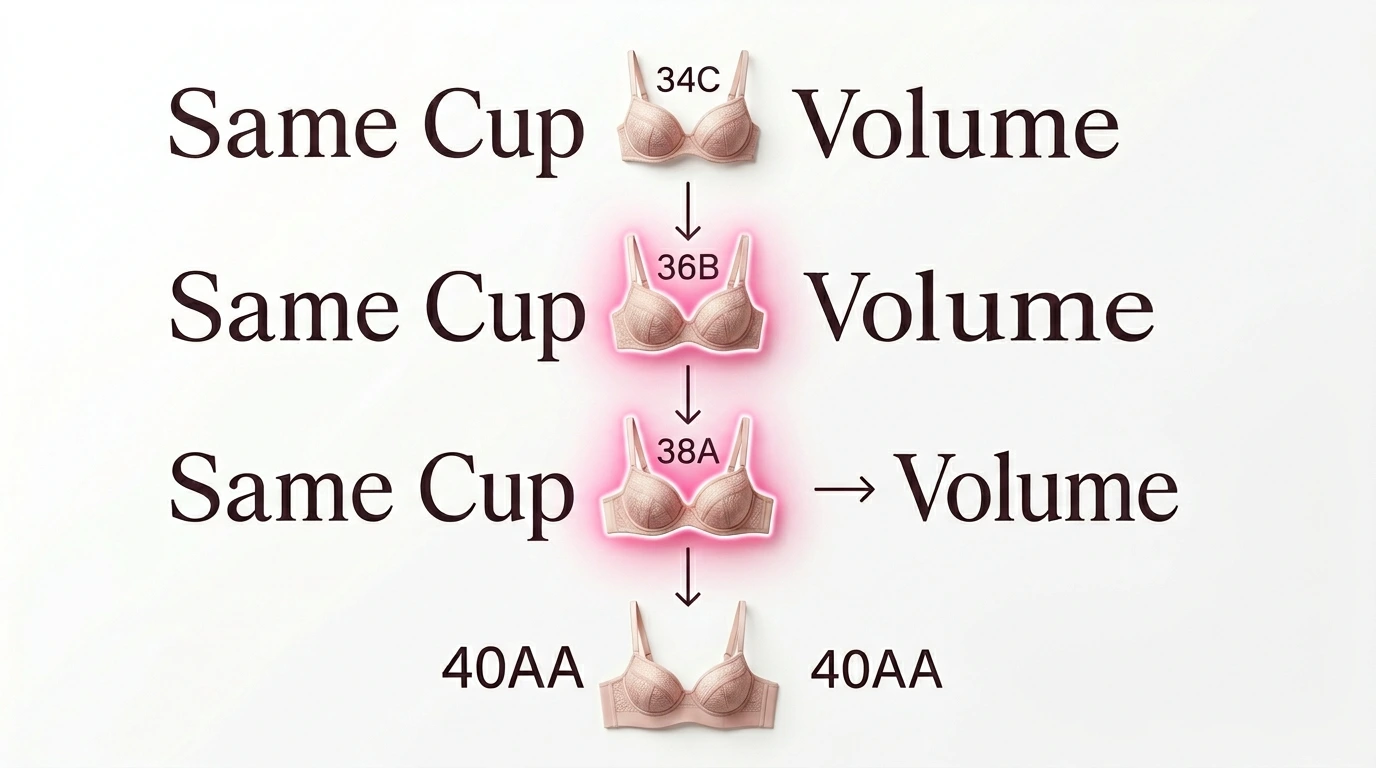 Sister size ladder diagram showing 34C, 36B, 38A, 40AA all holding equal cup volume — 36B and 38A confirmed as sister sizes