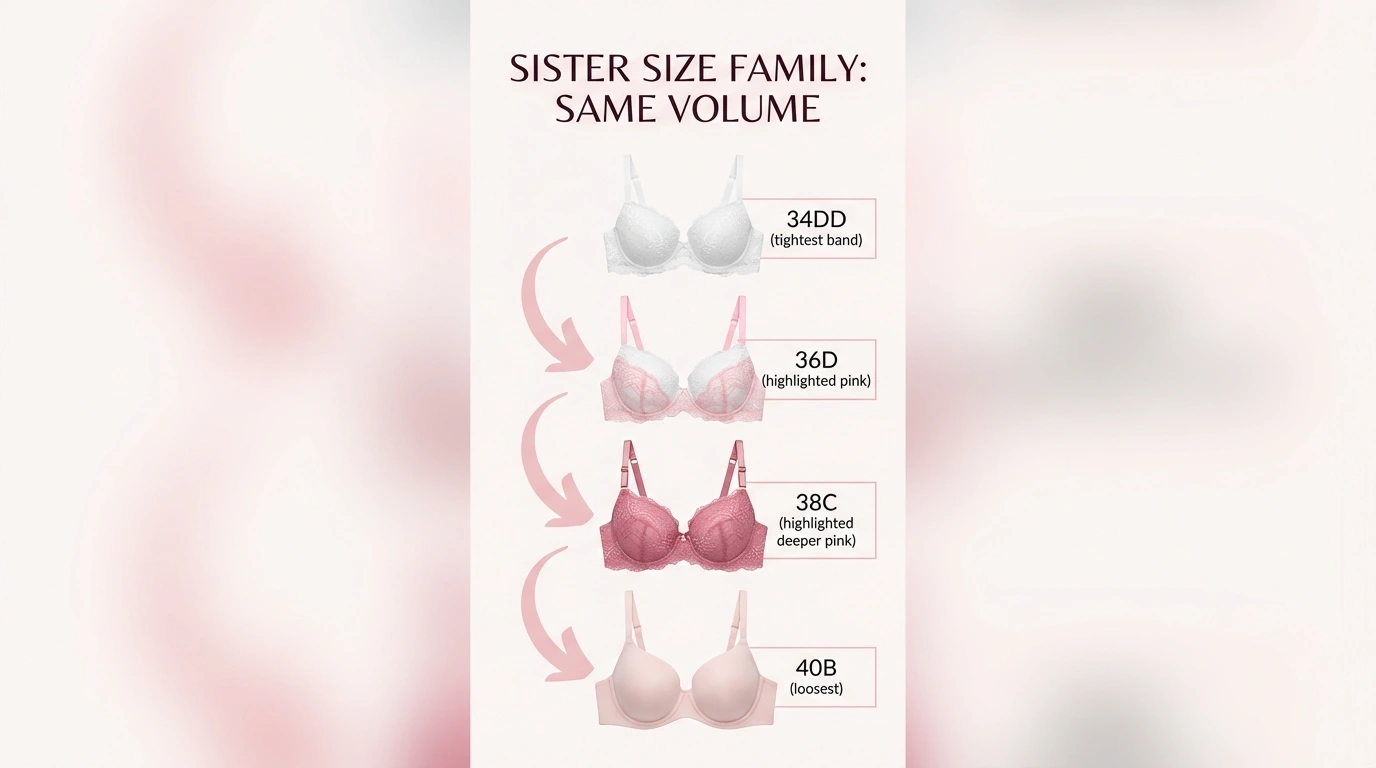 Sister size ladder diagram showing 34DD, 36D, 38C, 40B all holding equal cup volume — 36D and 38C confirmed as sister sizes