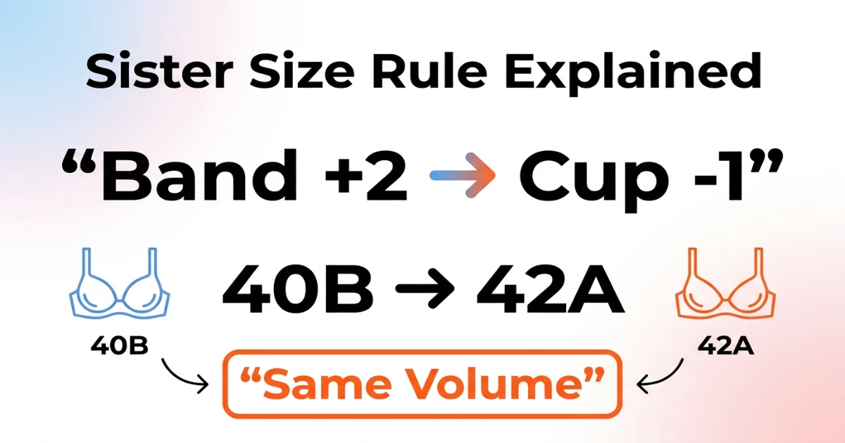 Sister size ladder showing 38C — 40B — 42A — 44AA with band width increasing and cup letter decreasing to preserve volume