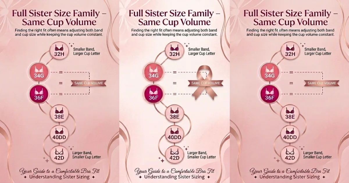 Sister size ladder diagram showing 32H, 34G, 36F, 38E, 40DD, 42D all holding equal cup volume — 34G and 36F confirmed as sister sizes