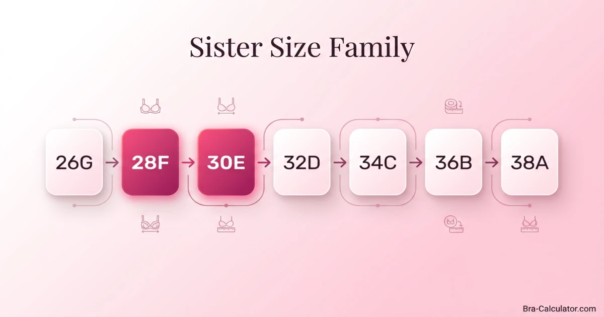 Sister size ladder in UK sizing showing 26G, 28F, 30E, 32D, 34C, 36B, and 38A all holding equal cup volume — confirming 28F and 30E as sister sizes