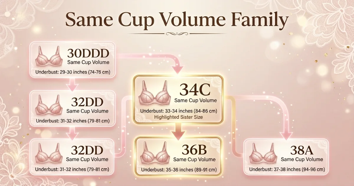 Sister size ladder infographic displaying 30DDD, 32DD, 34C, 36B, and 38A as a chain with equal cup volume highlighted across all five sizes