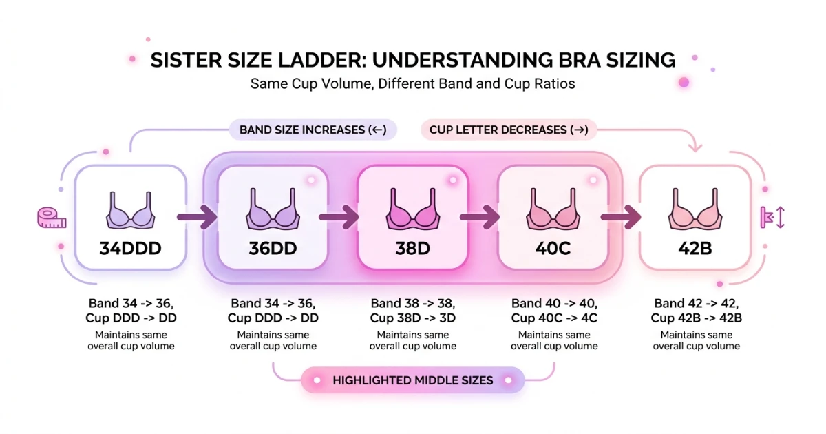 Sister size ladder infographic for 34DDD, 36DD, 38D, 40C and 42B showing equal cup volume across five band and cup combinations